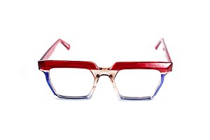 Óculos de Grau G159 5 nas cores vermelha, azul e âmbar, com as hastes vermelhas.
