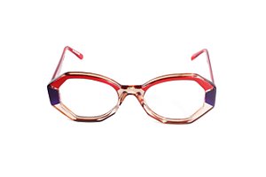 Óculos de Grau G157 8 na cor âmbar e películas vermelha e azul, com as hastes vermelhas.