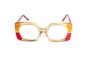 Óculos de Grau G154 2 na cor âmbar e películas dourada e vermelha, com as hastes vermelhas.