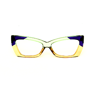 Óculos de Grau G81 3 nas cores âmbar, acqua e azul, com as hastes violeta.