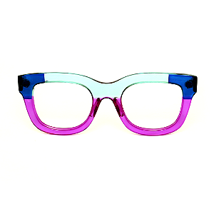 Óculos de Grau Gustavo Eyewear G57 7 nas cores azul, acqua e violeta, com as hastes azuis.