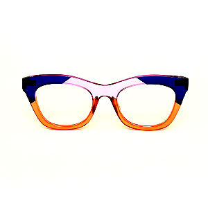 Óculos de Grau Gustavo Eyewear G69 7 nas cores laranja, azul e lilás, com as hastes pretas.