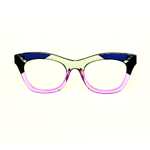 Óculos de Grau Gustavo Eyewear G69 11 nas cores lilás, acqua, azul e preto, com as hastes pretas.