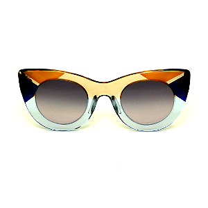 Óculos de Sol Gustavo Eyewear G48 1 nas cores azul, âmbar, azul bic e dourado hastes marrom e lentes marrom degrade. Outono Inverno