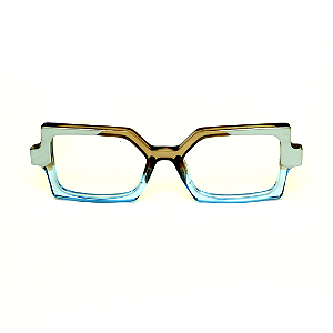 Óculos de Grau G127 3 nas cores azul, caramelo e prata, hastes pretas.