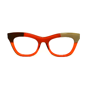 Óculos de Grau Gustavo Eyewear G69 12 nas cores vermelha, marrom e cinza, com as hastes marrom.