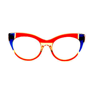 Óculos de Grau Gustavo Eyewear G65 6 nas cores laranja e azul, hastes azuis.