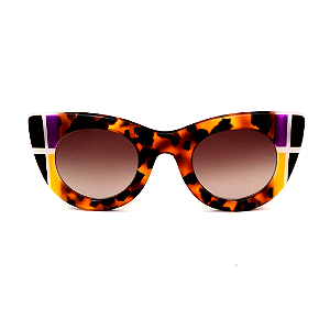 Óculos de Sol Gustavo Eyewear G48 7 em Animal Print, violeta e amarelo, hastes pretas e lentes cinza. Art Deco