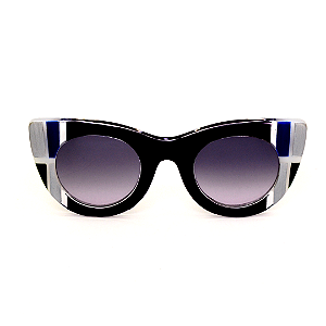 Óculos de Sol Gustavo Eyewear G48 8 em perto, azul, verde e prata, hastes pretas e lentes cinza. Art Deco