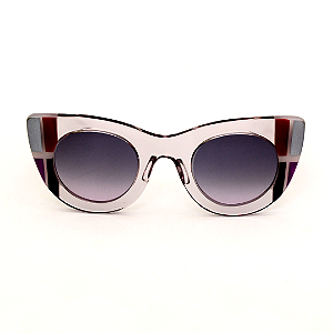 Óculos de Sol Gustavo Eyewear G48 9 em fumê, prata, marrom, violeta e preto, hastes marrom e lentes cinza. Art Deco