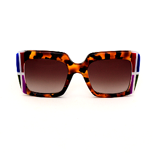 Óculos de Sol Gustavo Eyewear G59 5 em Animal Print, azul, violeta, vermelho e verde, hastes azuis e lentes cinza. Art Deco