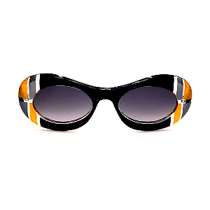 Óculos de sol Gustavo Eyewear G89 4 em preto, prata e dourado, hastes douradas e lentes cinza. Art Deco