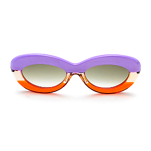 Óculos de Sol Gustavo Eyewear G36 1 nas cores violeta, âmbar e laranja. Hastes violeta e lentes marrom degrade. Tricolors
