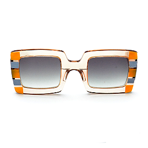 Óculos de Sol Gustavo Eyewear G01 2 âmbar com listras prata e dourado, lentes cinza degrade. Novidades