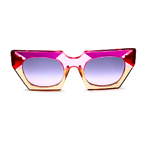 Óculos de Sol Gustavo Eyewear G137 4 em âmbar, violeta e vermelho. Hastes vermelhas e lentes cinza degrade. Novidades