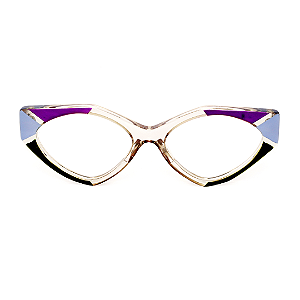 Óculos de Grau Gustavo Eyewear G161 3 nas cores âmbar, violeta, preto e prata. Hastes âmbar. Geométricos
