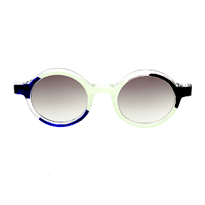 Óculos de Sol Gustavo Eyewear G163 3 em cristal, azul e preto. Hastes verdes e lentes cinza. Redondos