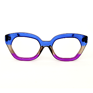 Óculos de Grau Gustavo Eyewear G70 8 azul, fumê e violeta. Hastes azuis.