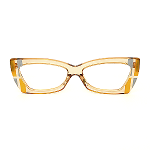 Óculos de Grau Gustavo Eyewear G81 3 Âmbar com listras prata e dourado. Hastes âmbar. Art Deco