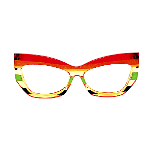 Óculos de Grau Gustavo Eyewear G168 5 Vermelho, laranja, amarelo, âmbar, verde e preto. Hastes pretas. Murano.