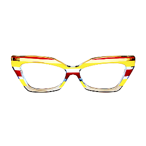 Óculos de Grau Gustavo Eyewear G167 5 Laranja, âmbar, azul, vermelho, acqua e fumê. Hastes amarelas. Murano