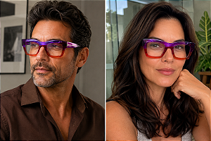 G64 — Violeta e vermelho | Acetato italiano Mazzucchelli, retangular overside, fabricado à mão no Brasil. Novidades. Unisex