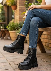 Bota Coturno Tratorado Matelassê Nobuck Preto
