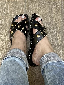 Chinelo Rasteira Cruzado Boton Preto