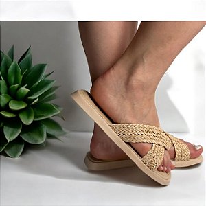 Chinelo Flat Cruzado Palha Amêndoa