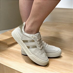 Tênis Cadarço Premium Off White Listrado Dourado