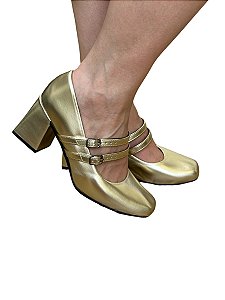Scarpin Mary Jane Fivela Dupla Dourado light