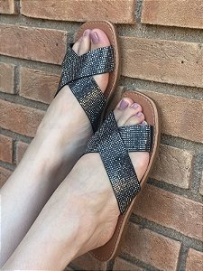 Chinelo  Cruzado Strass Preto Onix