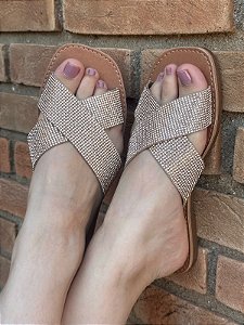 Chinelo Rasteira Cruzado Strass Rose Gold