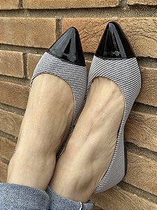 Sapatilha Bico Fino Lux Glitter Prata Ponteira Preta