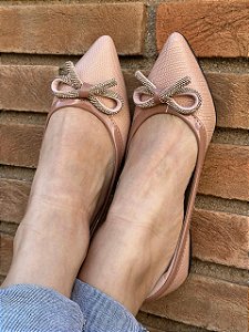 Sapatilha Bico Fino Glamour Nude Laço Strass