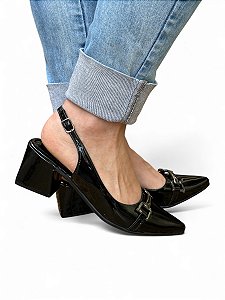 Scarpin Slingback Preto Fivela Salto Grosso