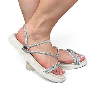 Sandália Flat 2 em 1 Pedraria Off-White