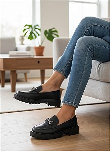 Mocassim Tratorado Fivela Fina Preto