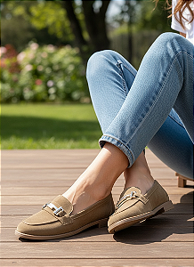Mocassim Slim Fivela Camurça Castor