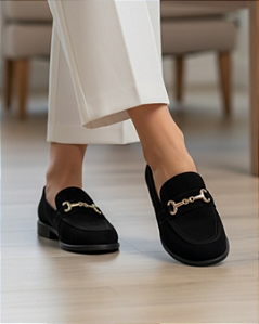 Mocassim Slim Preto Camurça Fivelinha
