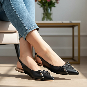 Sapatilha Slingback Bordada Preta