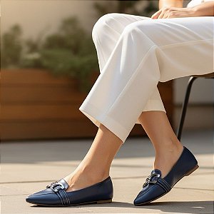 Slipper Bico Fino Azul Marinho Fivela