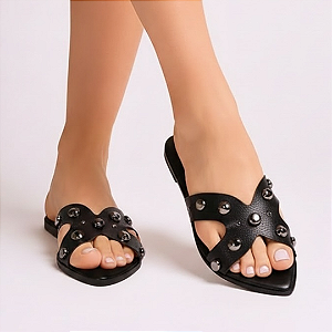 Chinelo Rasteira Bico Folha Spike Preta