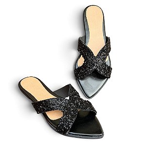 Chinelo Rasteira Bico Folha Granulado Preta