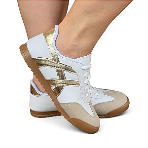 Tênis Cadarço Casual Branco/Dourado