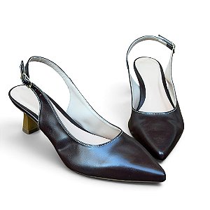 Scarpin Slingback Salto Taça Cromado Liso Café