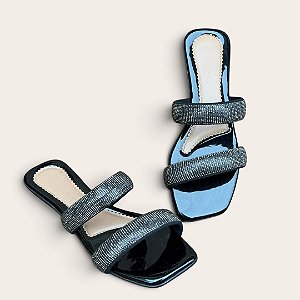 Chinelo Rasteira Faixa Dupla Pedraria Preta