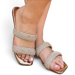 Chinelo Rasteira Faixa Dupla Pedraria Rose Gold