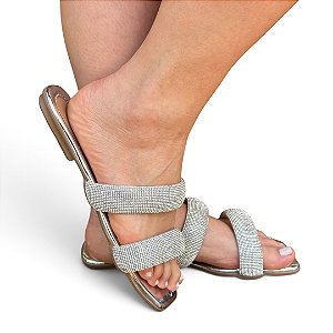 Chinelo Rasteira Faixa Dupla Pedraria Prata
