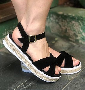 Sandália Corda Preta Fivela